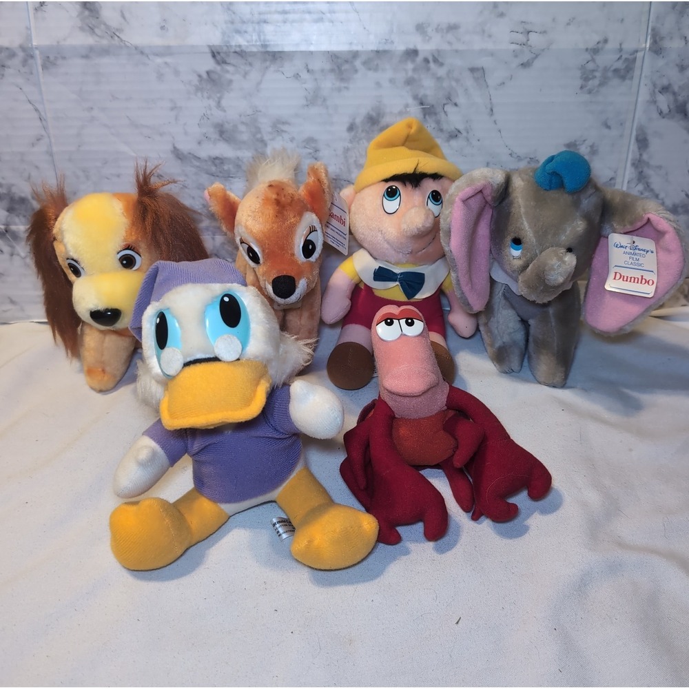 4x Vintage NWT Walt Disney Animated Films Plush 7": Dumbo, Bambi, Pinocchio
